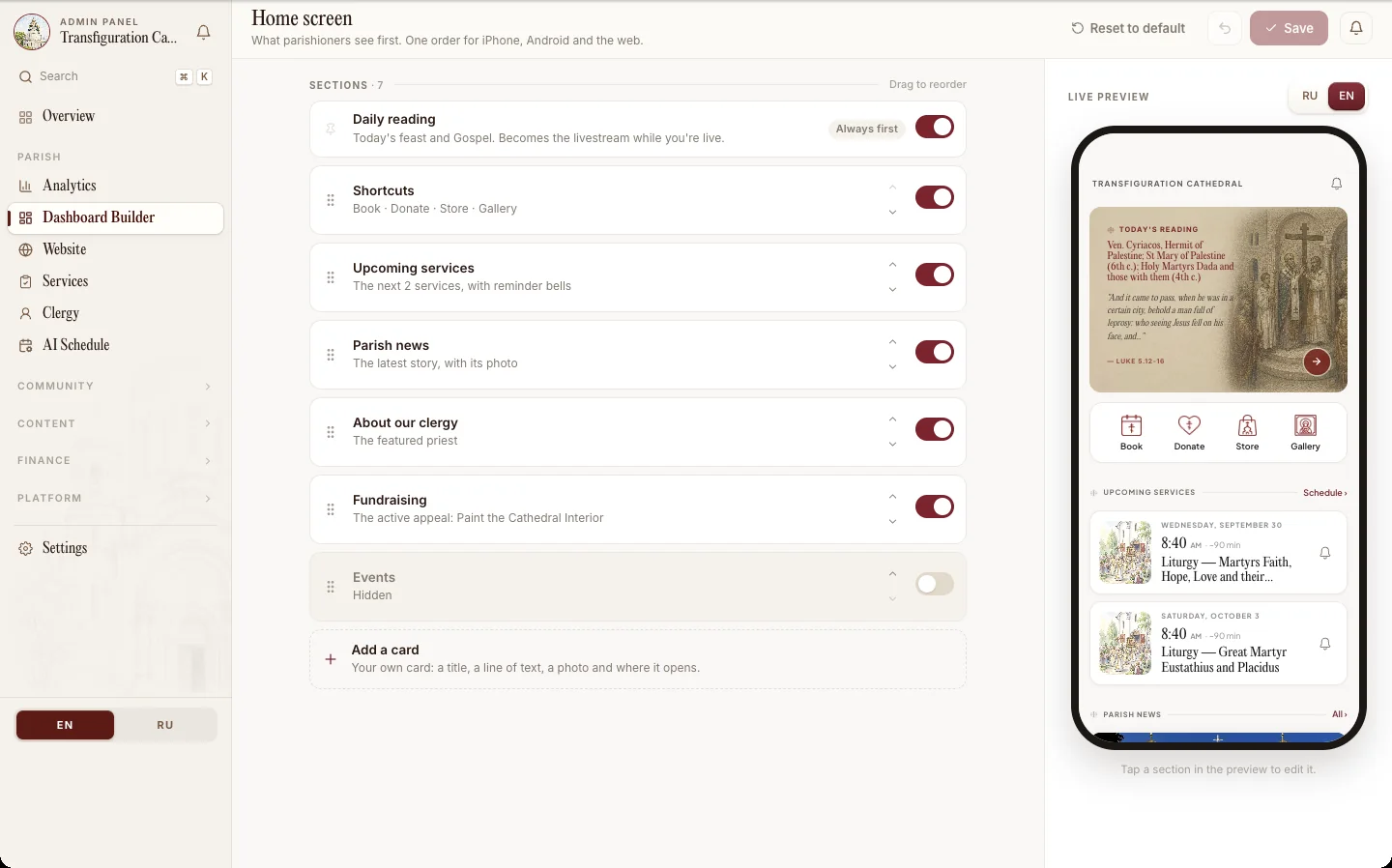 The Your Parish admin we built: a home screen builder beside a live preview of the app
