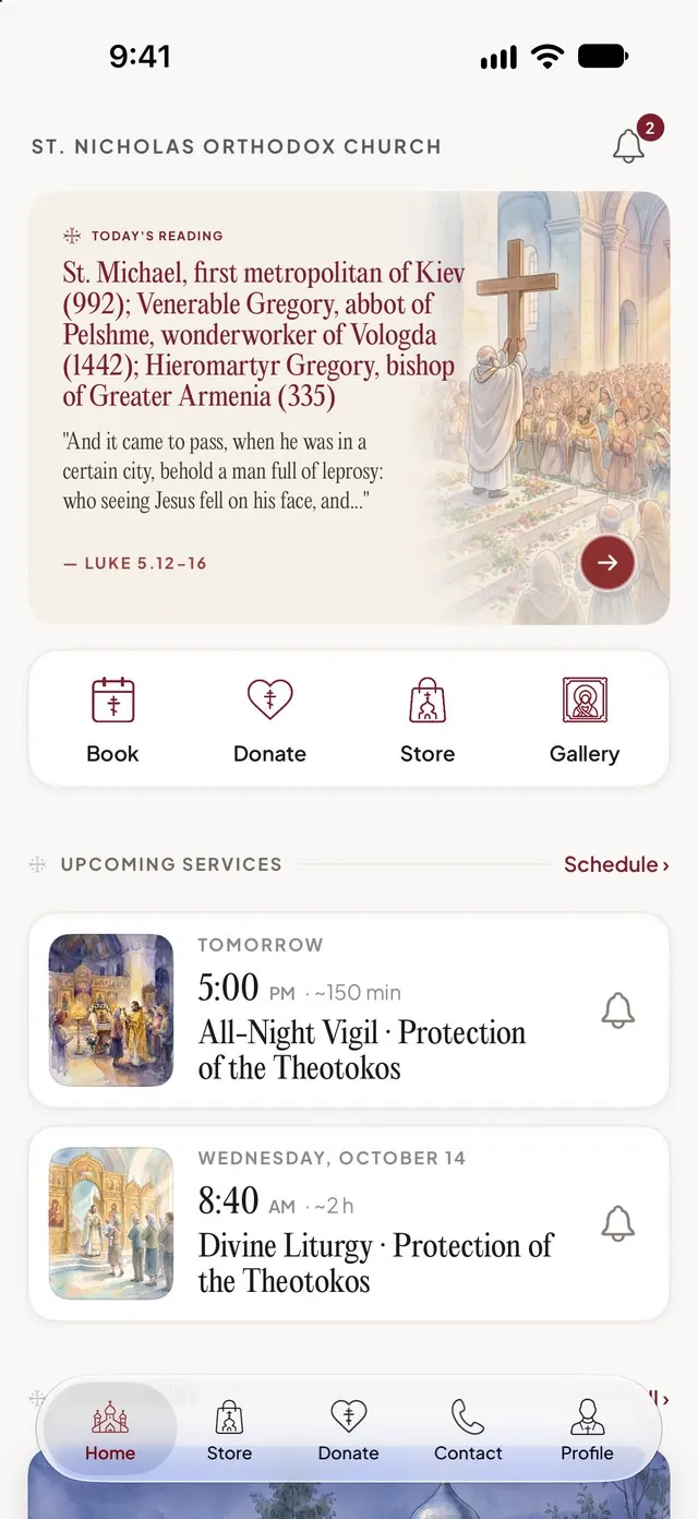 Your Parish home screen with today’s reading and upcoming services