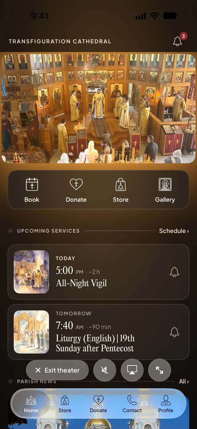 The Divine Liturgy streaming live on the parish home screen