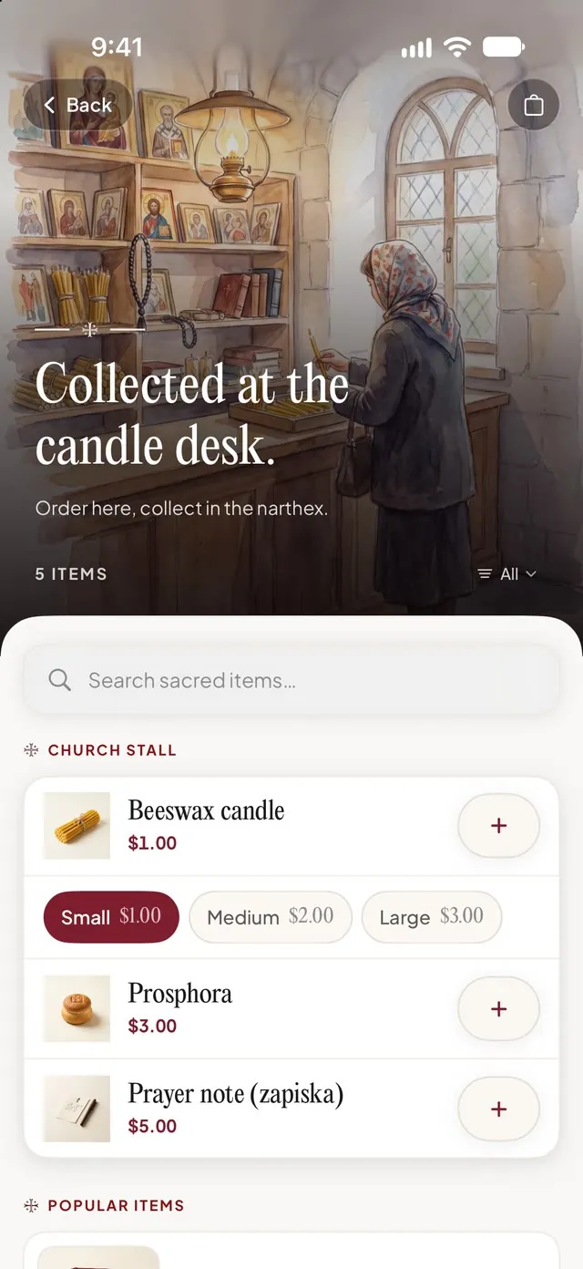 The church store, ordered in the app and collected at the candle desk